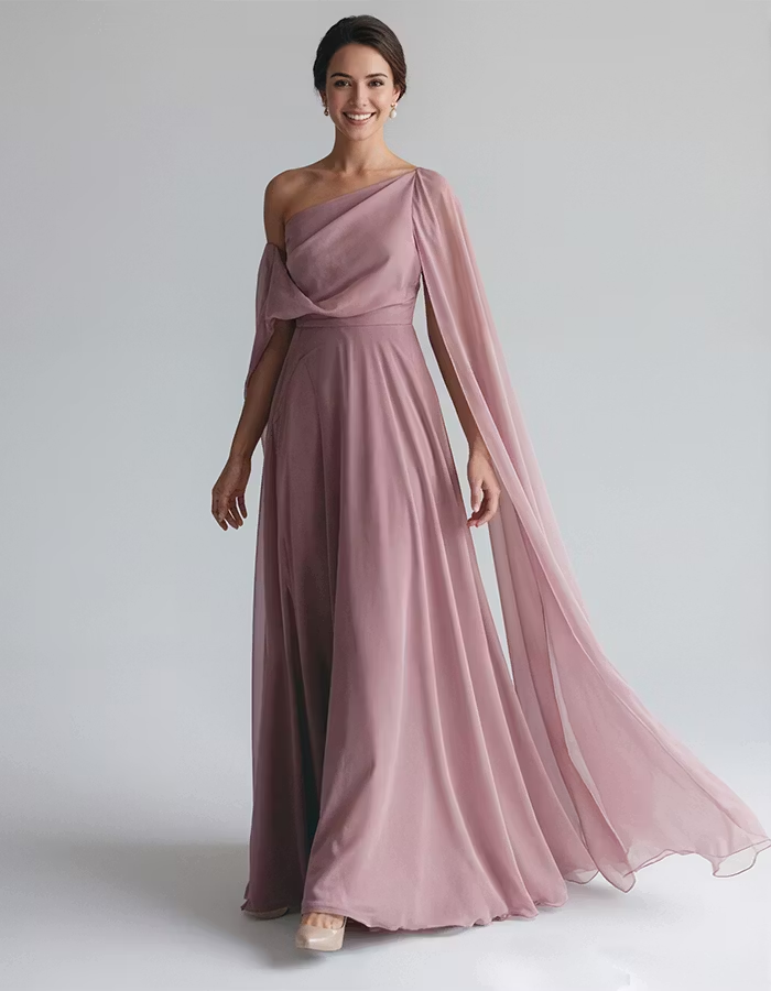 Grayish Pink Chiffon One Shoulder Maxi Dress