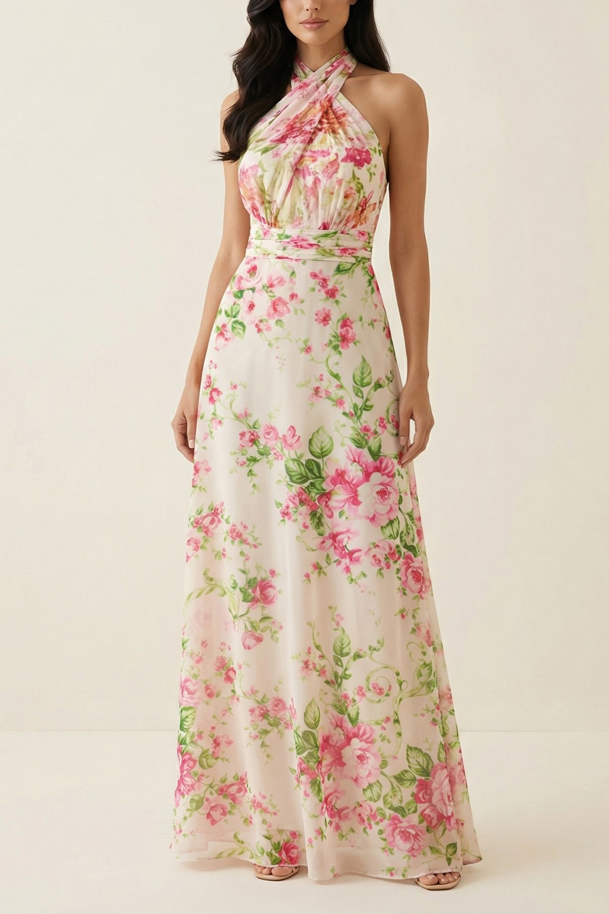 Cream Pink Floral Halter Neck Chiffon Maxi Gown