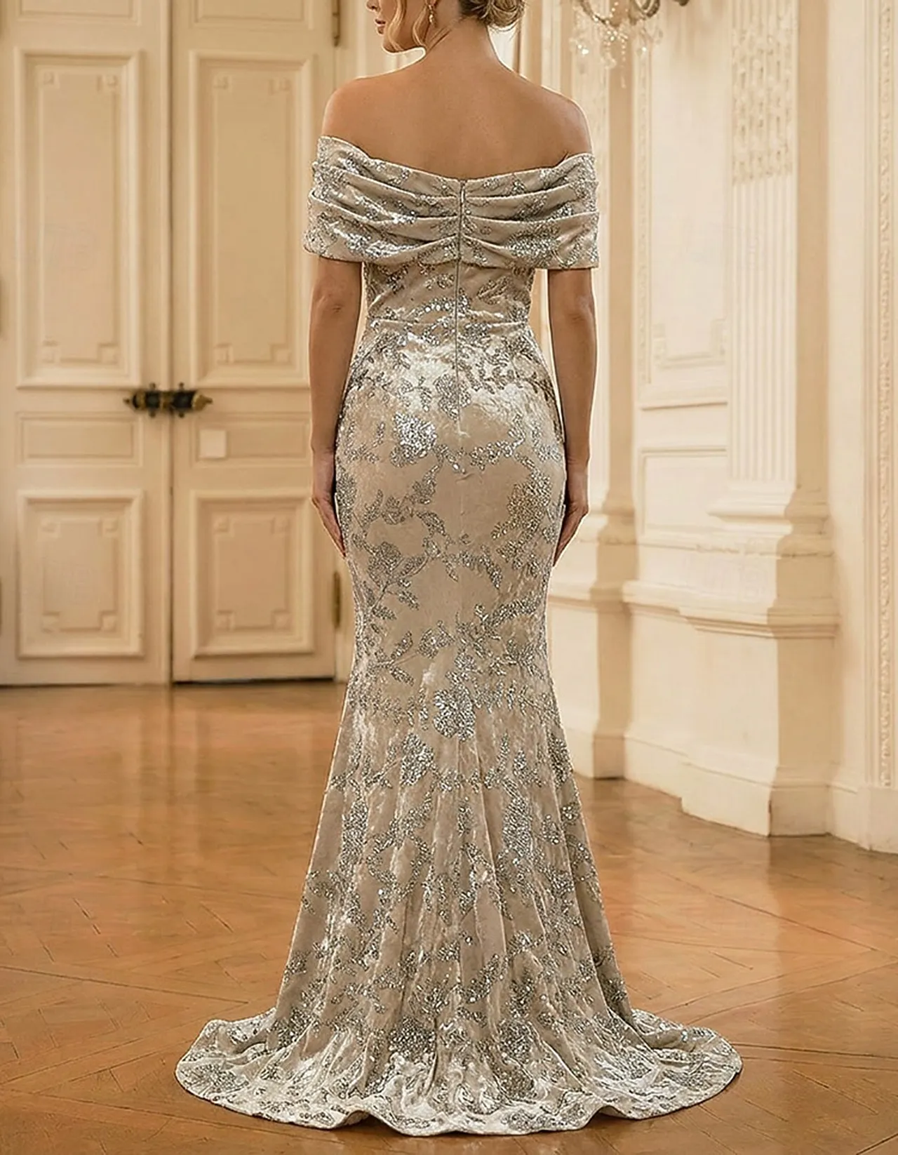 Champagne Off-the-Shoulder Velvet Sequin Maxi Dress