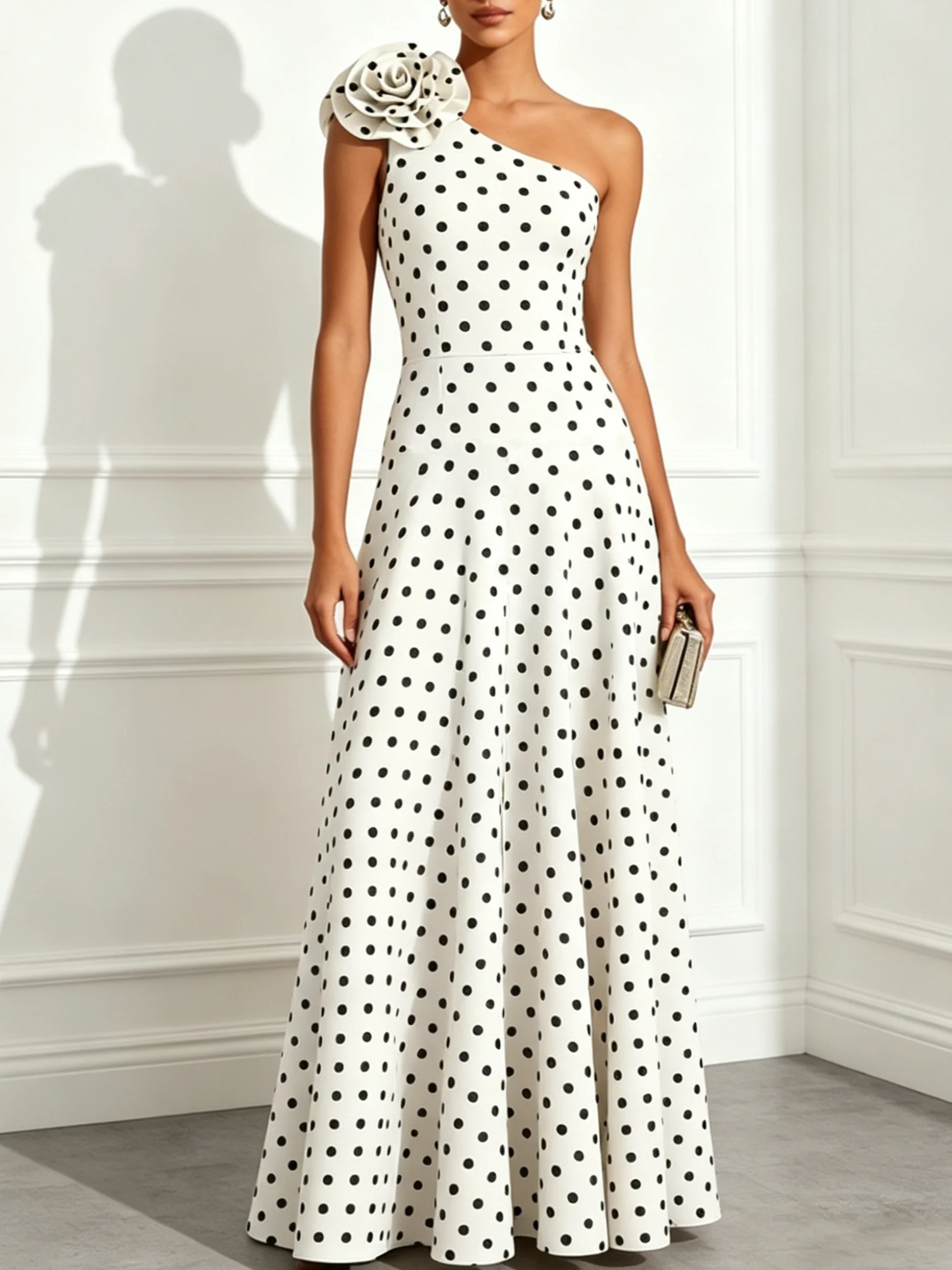 Off White 3D Floral Classic One Shoulder Sleeveless A-Line Floor Length Dress