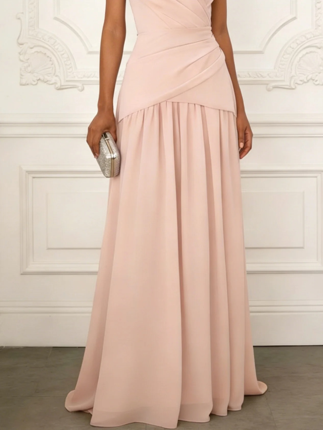 Pink Ruched Chiffon V Neck Sleeveless A-Line Maxi Dress