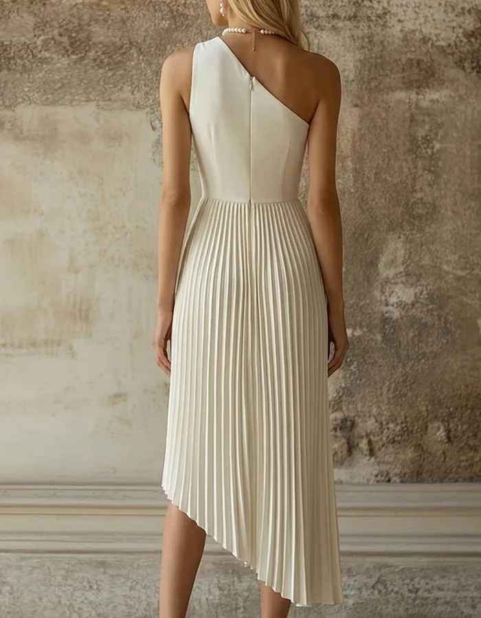 Ivory One-Shoulder Pleated Midi Dress