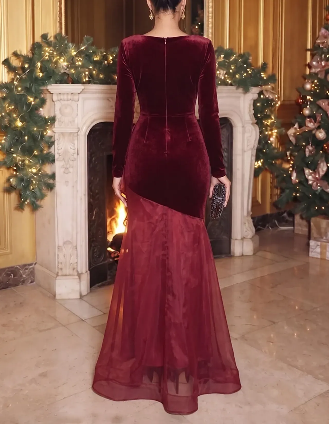 Burgundy Cowl Neck Velvet Ruffle Mermaid Maxi Dress