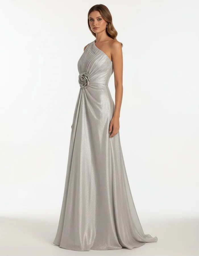 Silver One-shoulder Pleated Satin Maxi Dress With 3D Floral