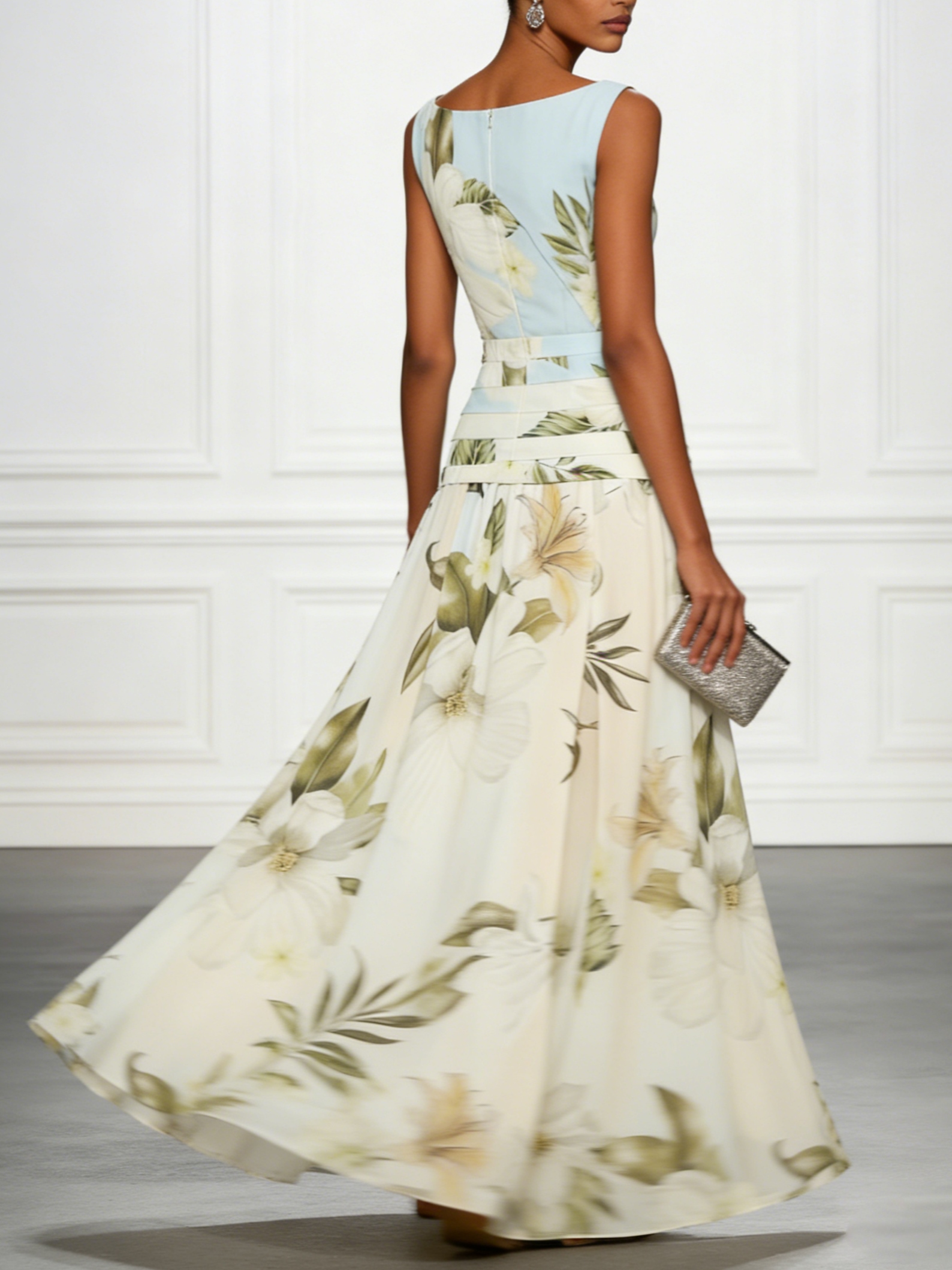 Light Blue Floral Ruched Classic Boat Neck Sleeveless A-Line Maxi Dress