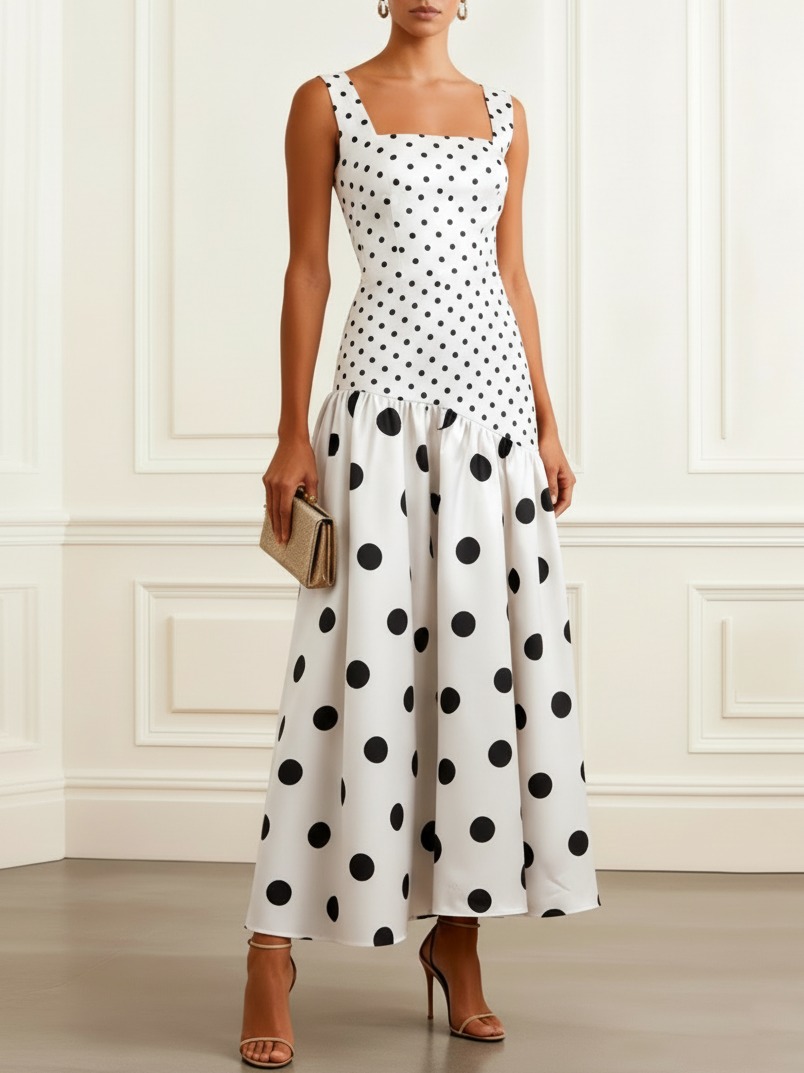 White Polka Dots Satin Square Neck Sleeveless A-Line Maxi Dress
