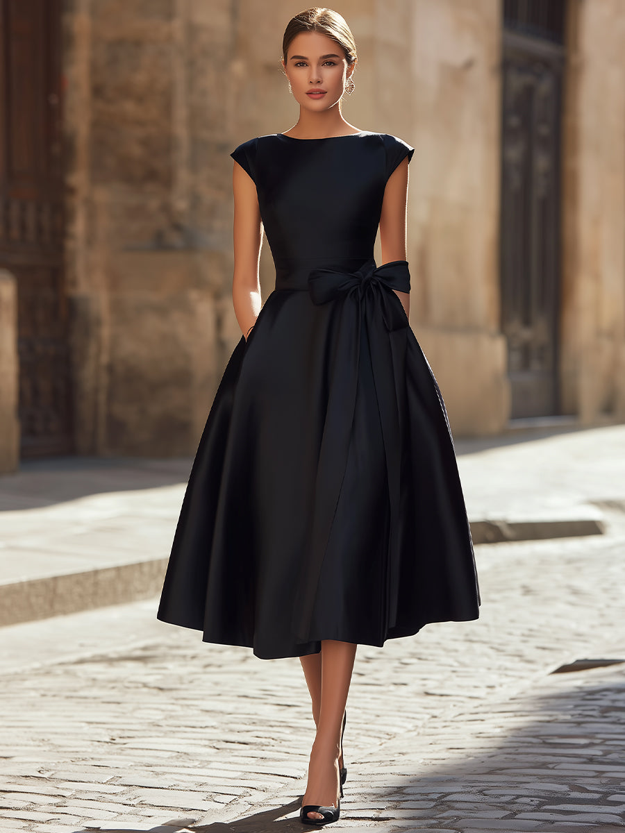 Timeless Elegance Boat-Neck A-Line Midi Dress With Oversized Side Bow