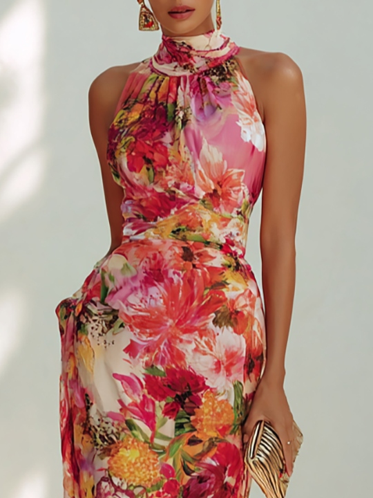 Red Floral Chiffon Halter Sleeveless A-Line Maxi Dress