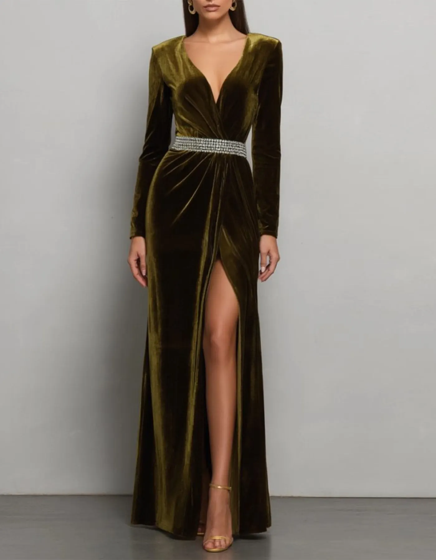 Olive Green Velvet V-Neck Maxi Dress