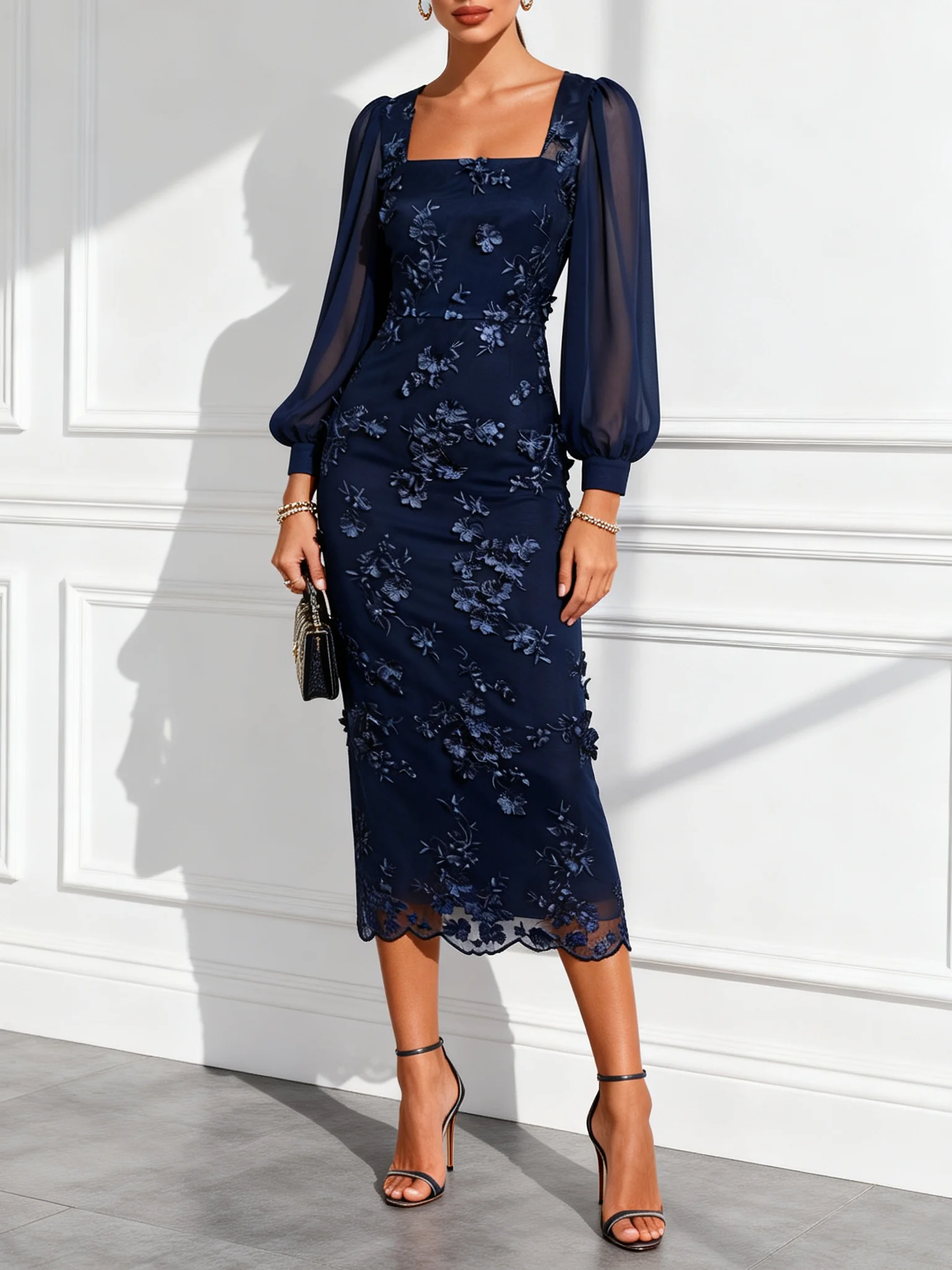 Purplish Blue 3D Floral Lace Square Neck Long Sleeve Balloon Sleeve Sheath Midi Dress