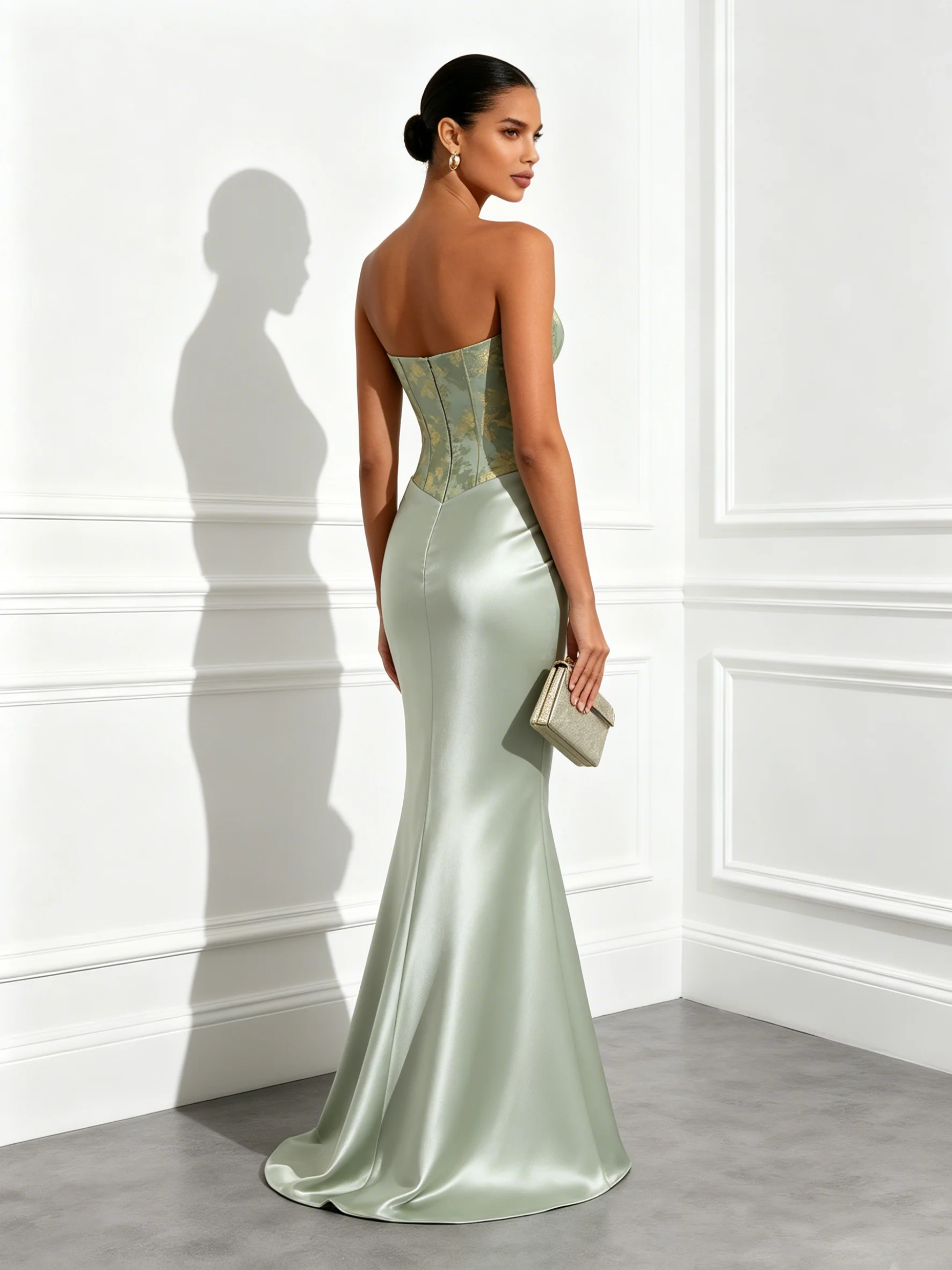 Lightgreen Floral Satin Strapless Sleeveless Mermaid Gown Dress