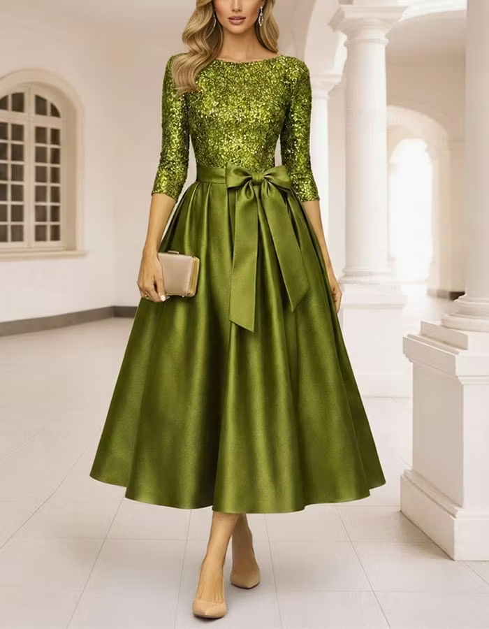 Two Tone Patchwork Three Quarter Sleeve Midi Dress