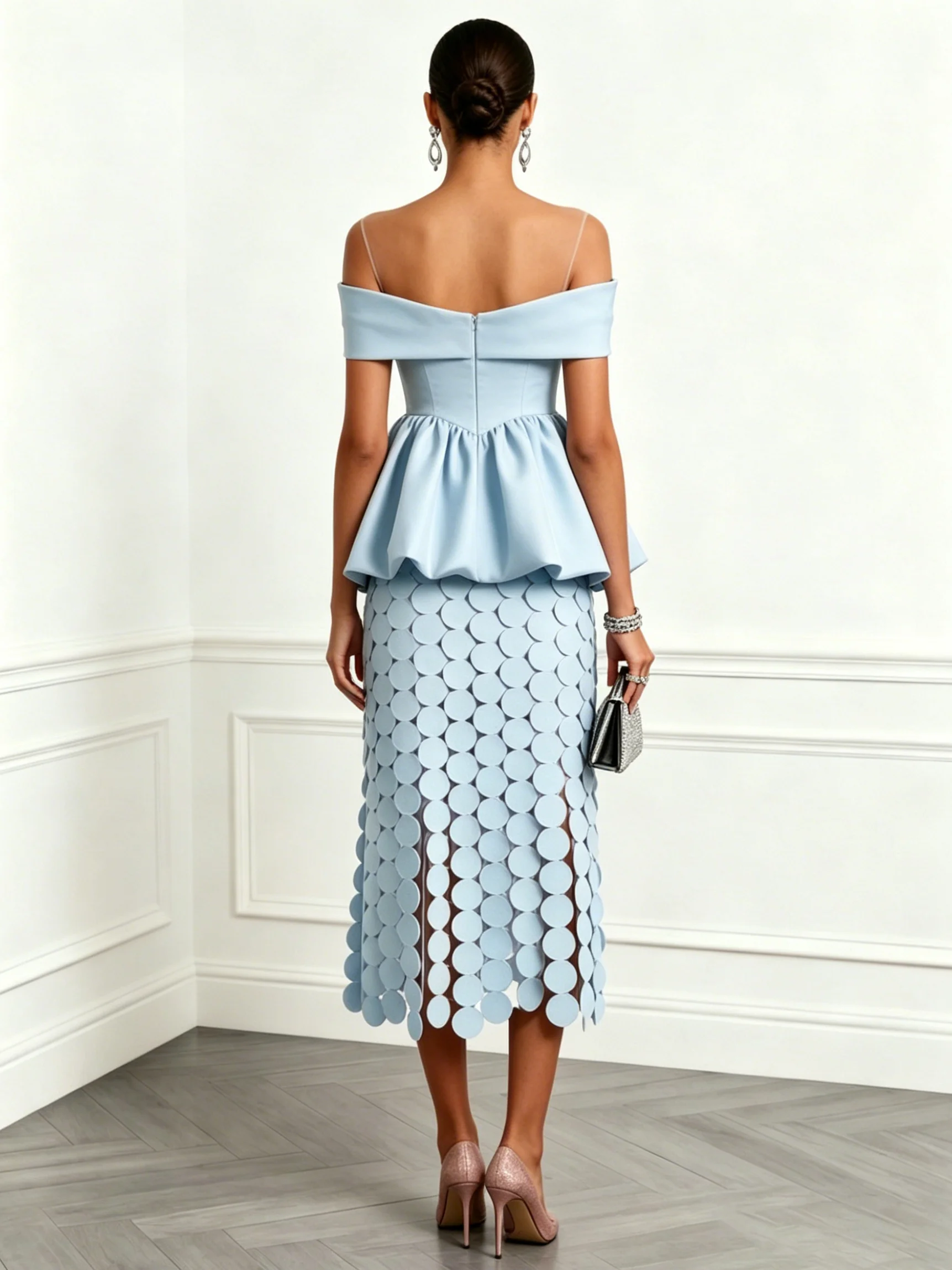 Women Light Blue Ruched Boat Neck Short Sleeve Elegant Top With Skirt Two-Piece Set