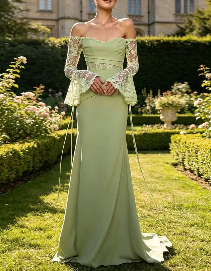 Sage Green Off Shoulder Flared Lace Sleeves Maxi Dress