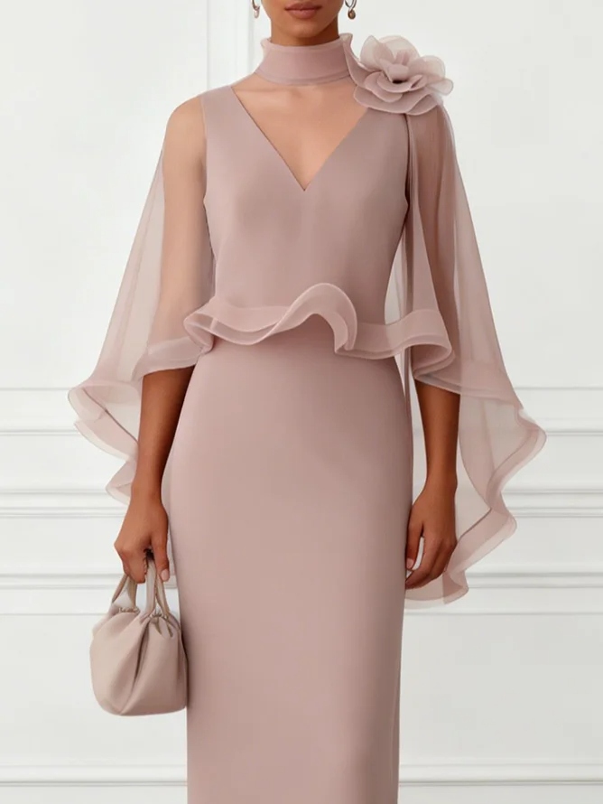 Nudepink 3D Floral Mesh Classic Mock Neck Half Sleeve Sheath Floor-length Gown Dress