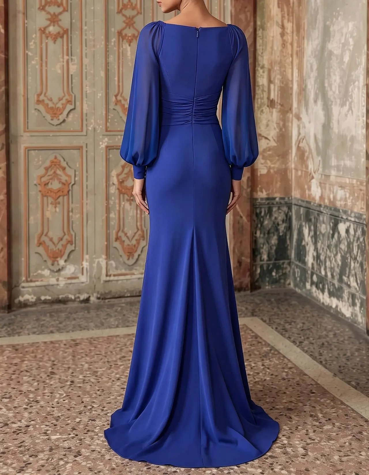 Deep V Neck Chiffon Long Puff Sleeve Waist Mermaid Evening Maxi Dress