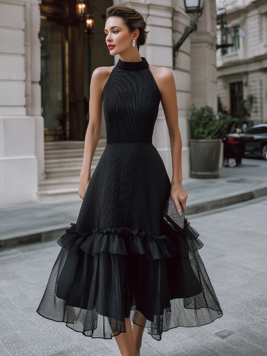 Black Alter Neck Pleated Midi Dress With Tiered Ruffle Hem