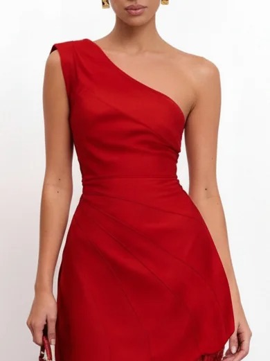 Red Lace Irregular Craftsmanship Classic One Shoulder Sleeveless A-Line Midi Dress