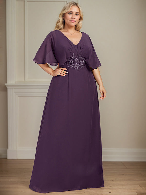 A-Line V-Neck Floor-Length Chiffon Mother of the Bride Dress With Appliques Pleated