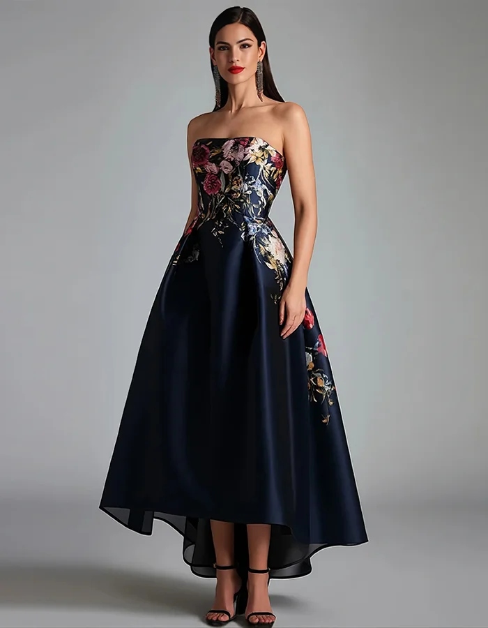 Elegant Navy Satin Gown with Strapless Floral Bodice and High-Low Hem