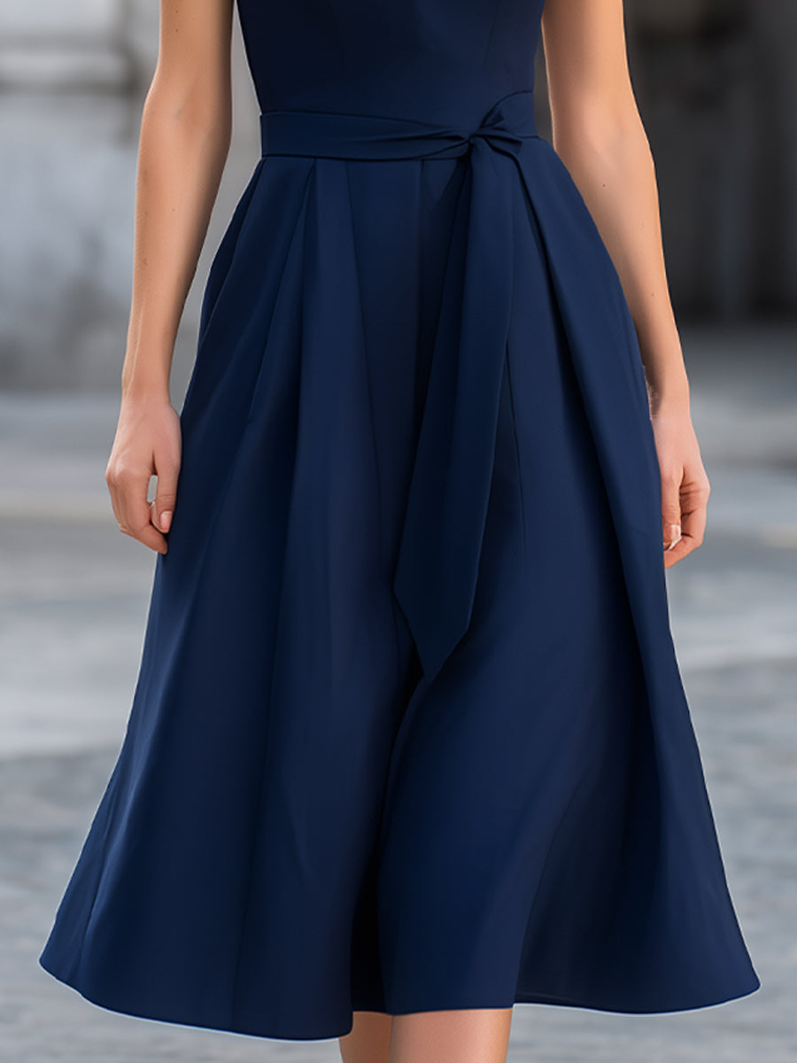 Navy Sleeveless Stand Collar Keyhole Midi Dress With Waist Tie