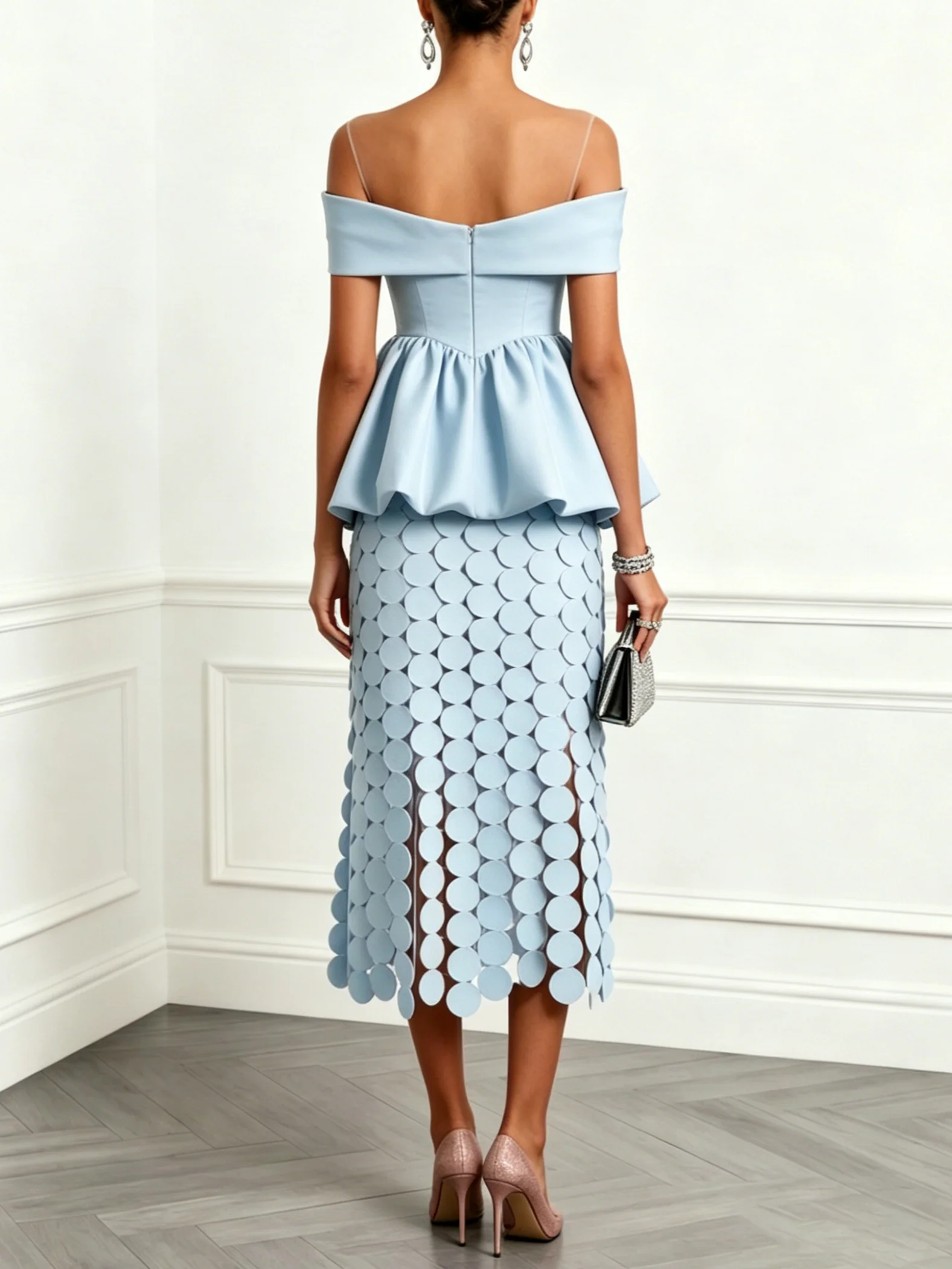 Women Light Blue Ruched Boat Neck Short Sleeve Elegant Top With Skirt Two-Piece Set