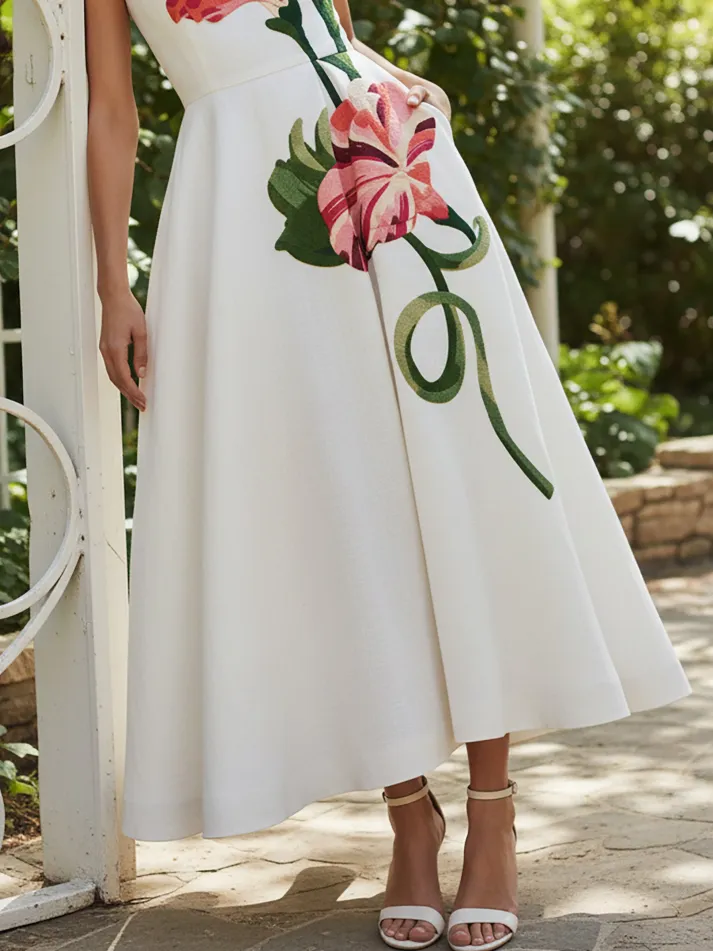 Maxi Linen Dress, Sleeveless, Boat Neck, Floral, Pocket Design, Vintage, White