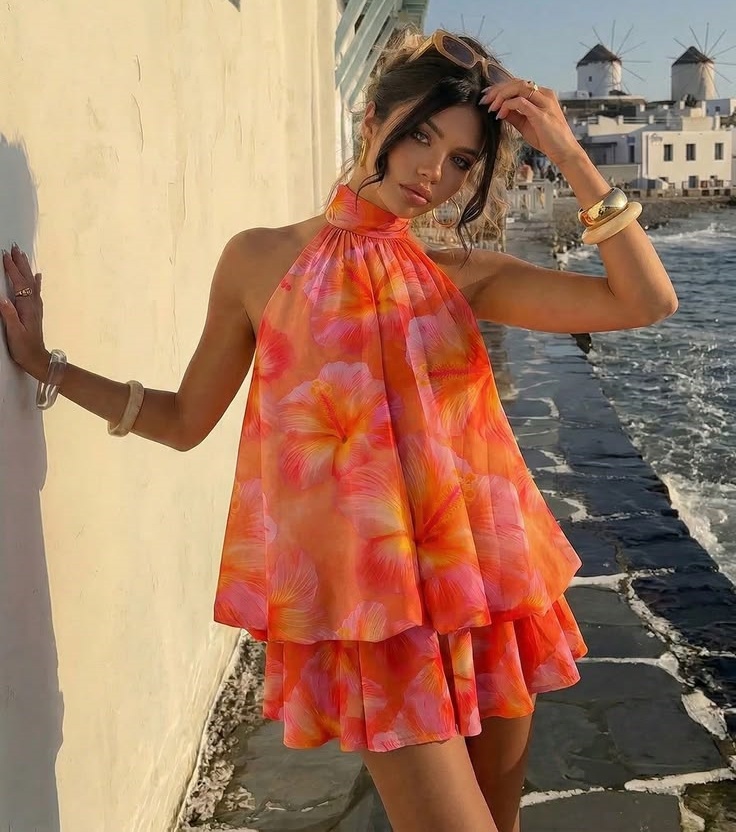 Sunset Gradient Orange Pink Flower Halter Trapeze Mini Sundress