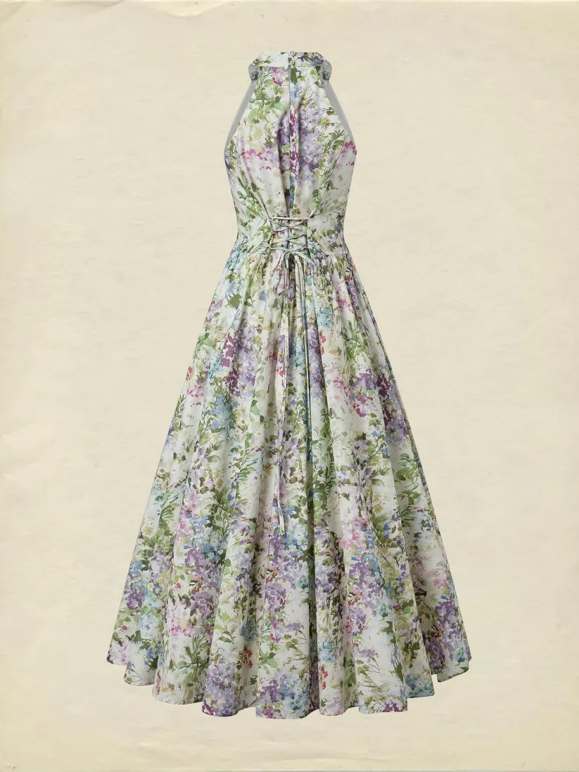 Maxi Cotton Dress, Sleeveless, Halter, Floral, Vacation, Vintage, White