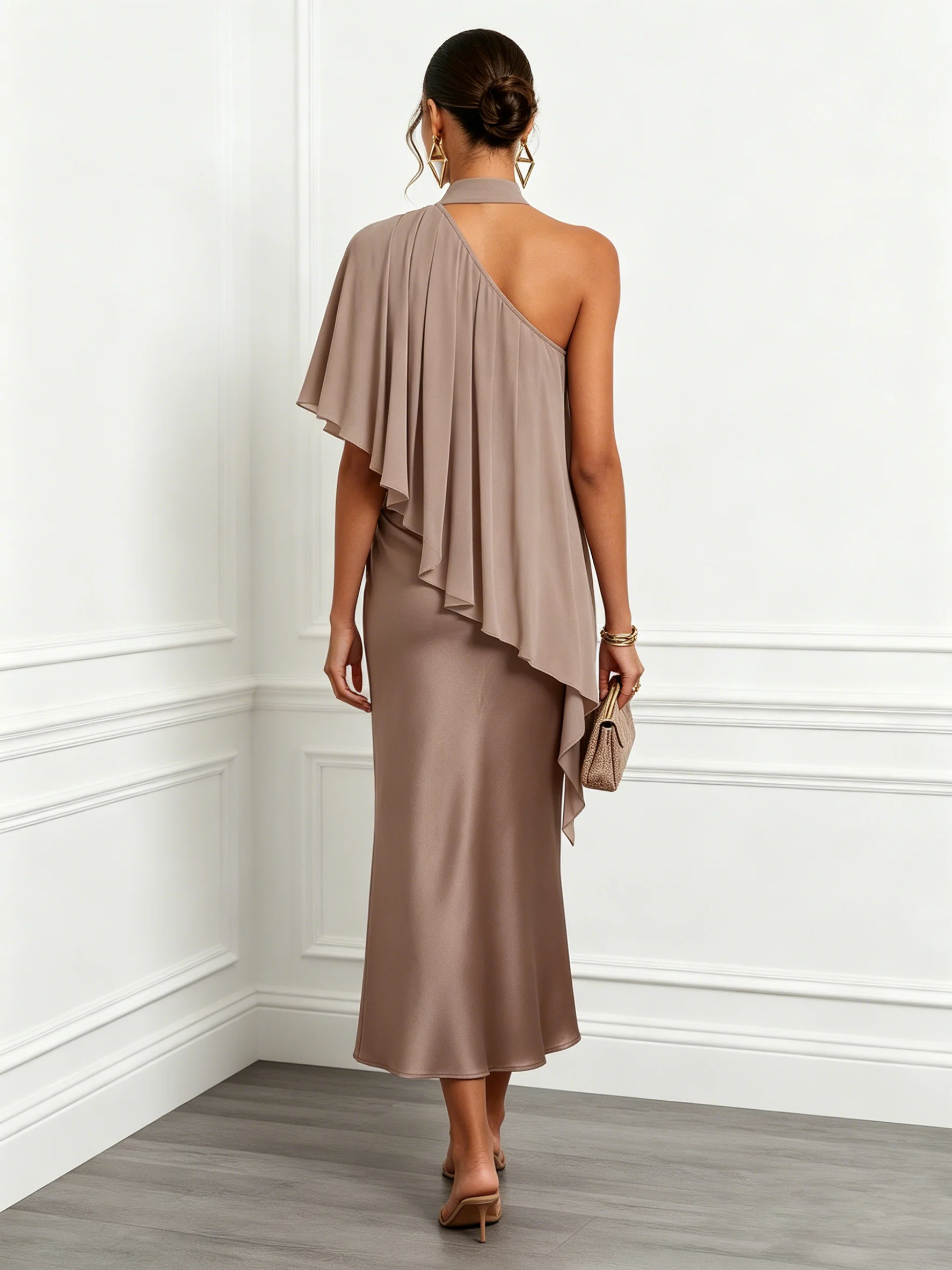 Brown Ruched Satin Halter Neck Sleeveless Mermaid Midi Dress
