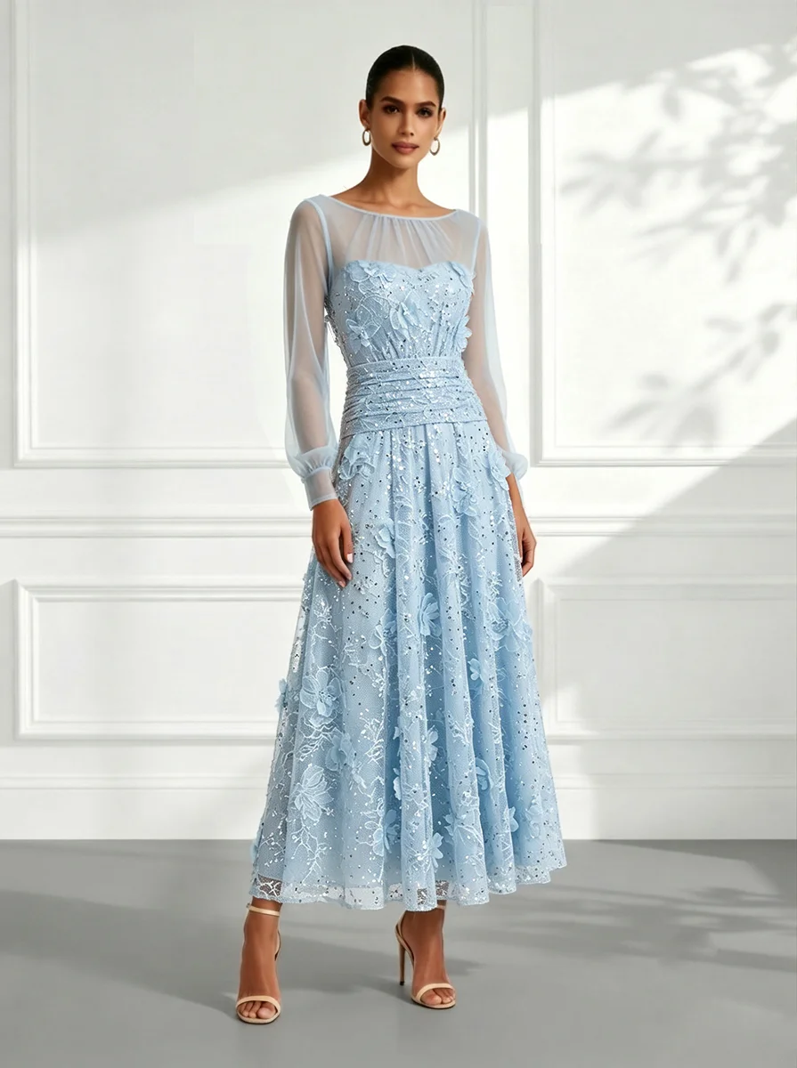 Light Blue 3D Floral Lace Boat Neck Long Sleeve Balloon Sleeve A-Line Maxi Dress