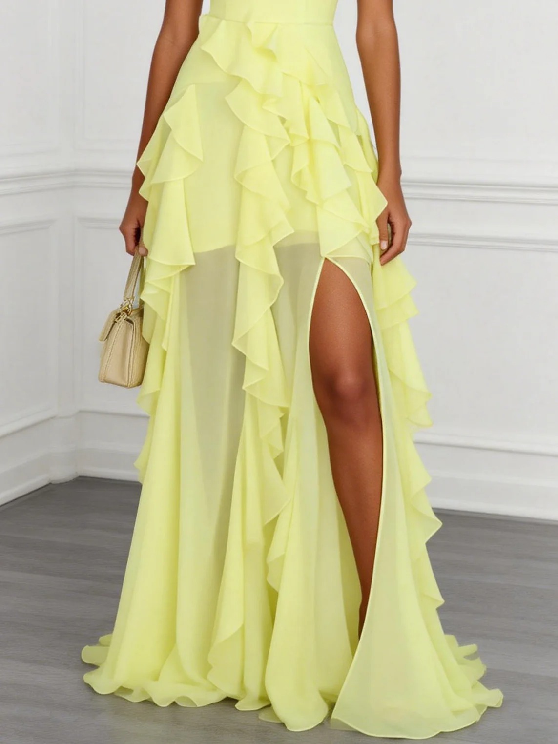 Yellow Ruffled Side-Slit Chiffon Strapless Sleeveless A-Line Gown Dress