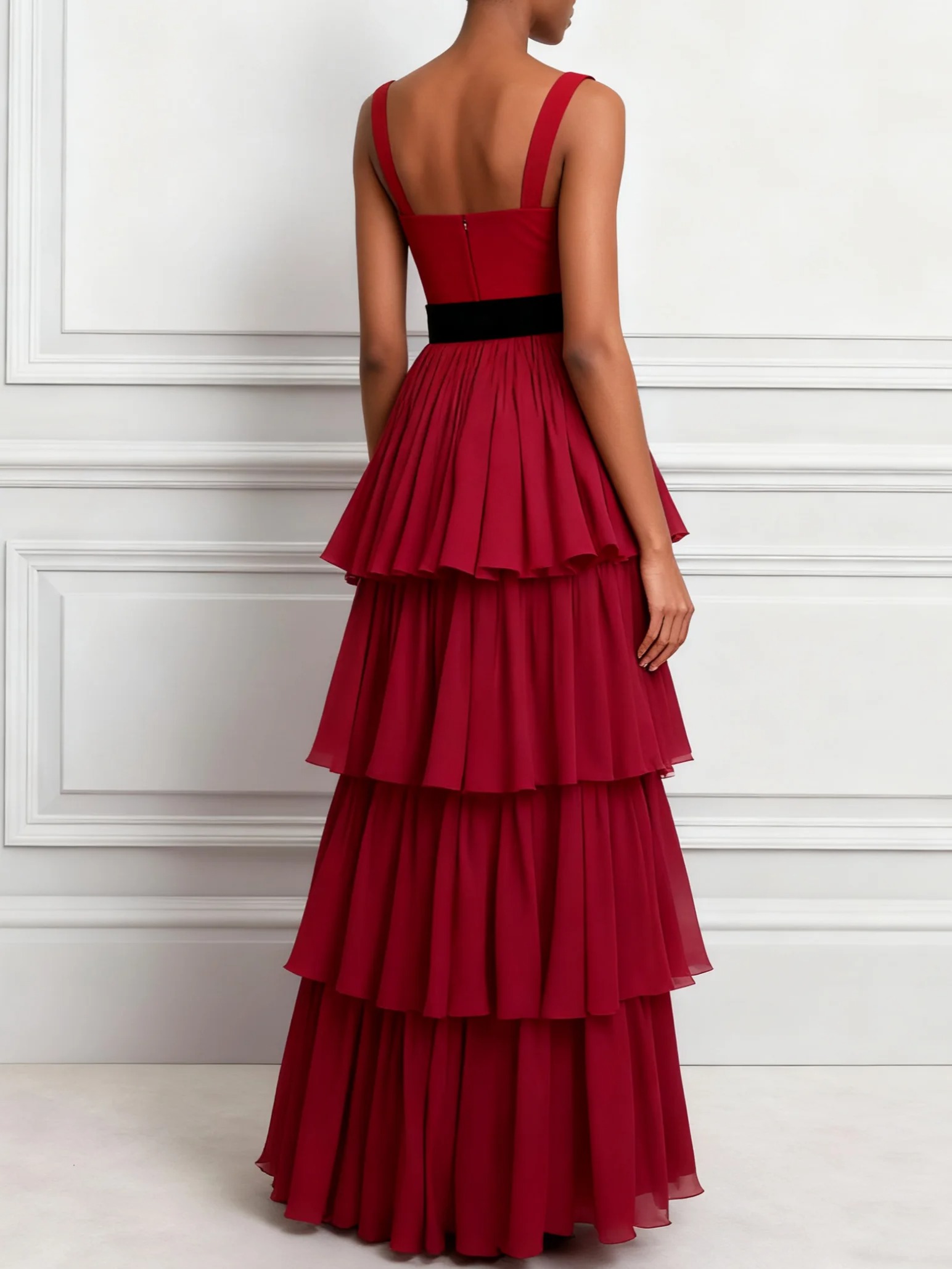Red Ruffled Bow Chiffon Square Neck Gallus A-Line Maxi Dress