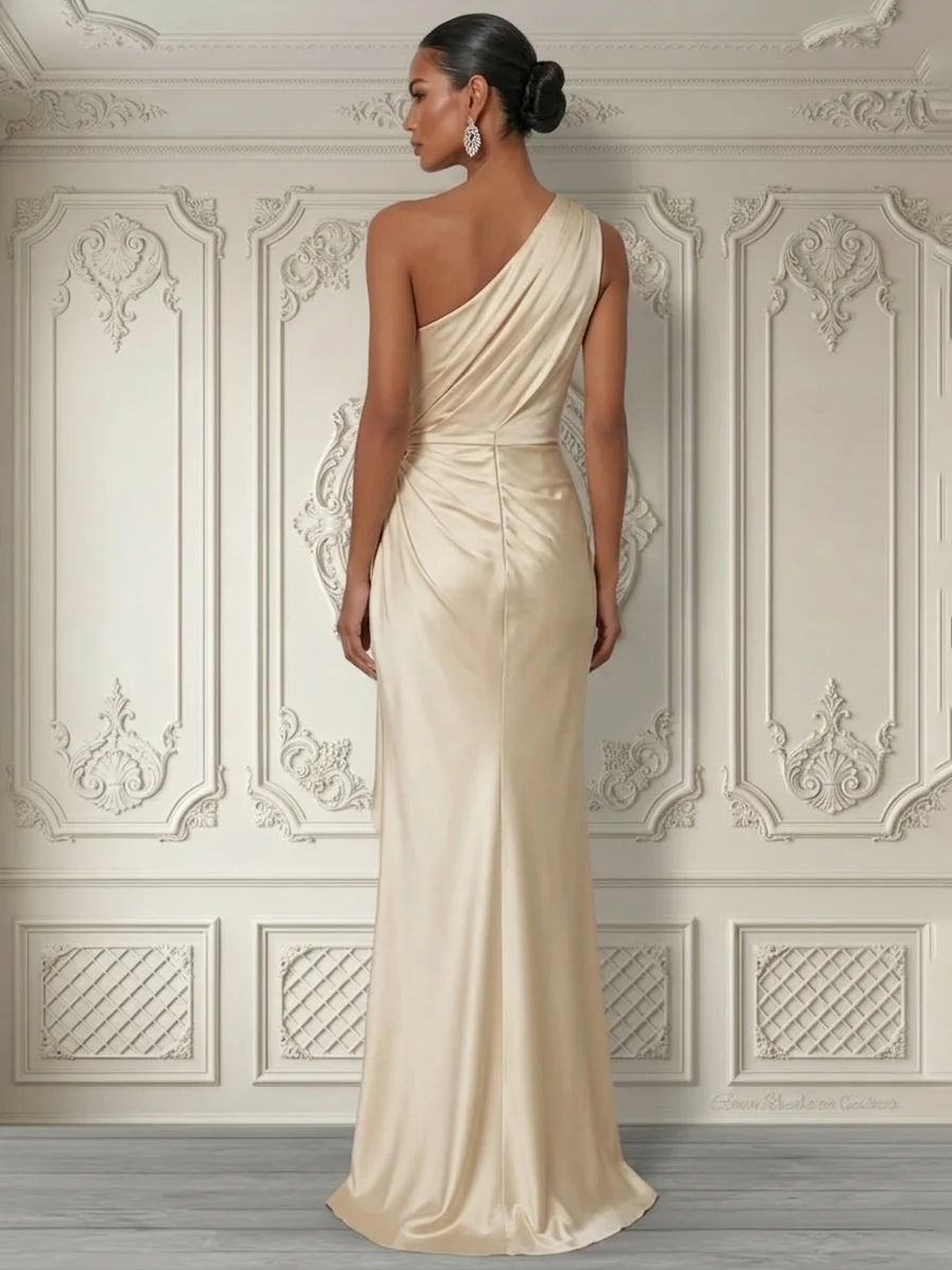 Champagne 3D Floral Ruched Satin One Shoulder Sleeveless Sheath Floor-length Gown Dress