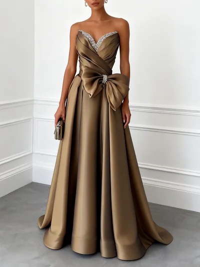 Brown Glitter Bow Satin Strapless Sleeveless A-Line Gown Dress