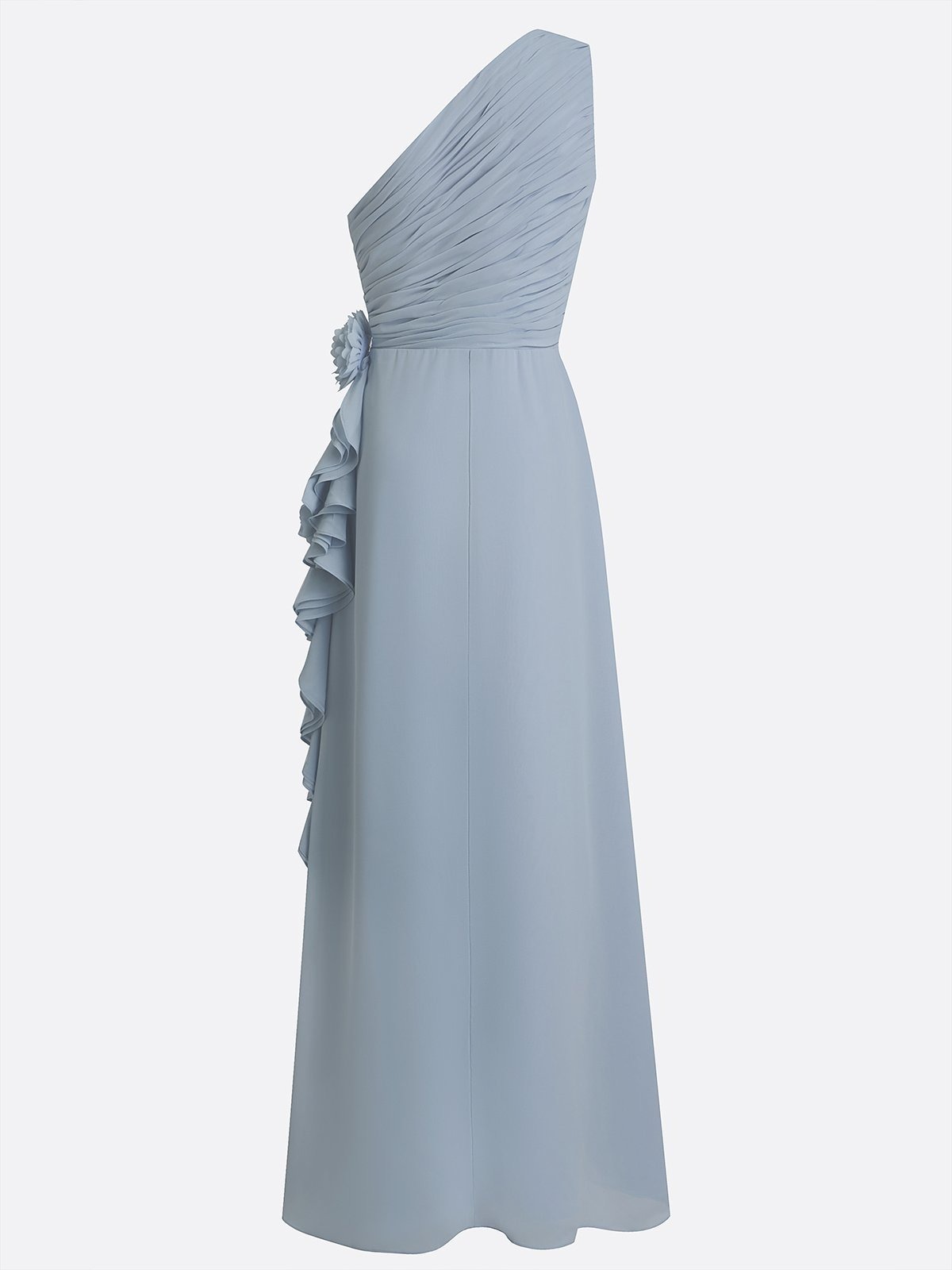 Dusty Blue Sheath Maxi Chiffon One-Shoulder Ruched Rosette Bridesmaid Dress
