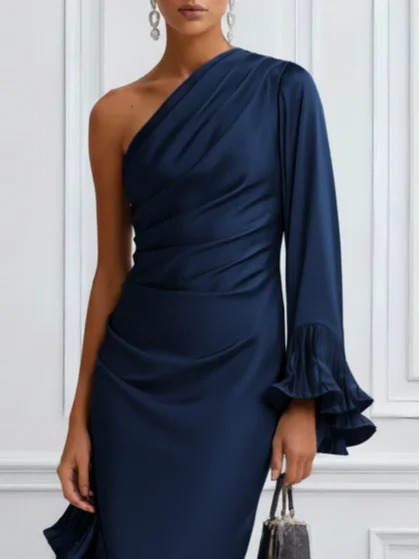 Navy Blue Pleated Ruffled Satin One Shoulder Long Sleeve Bell Sleeve Sheath Maxi Dress