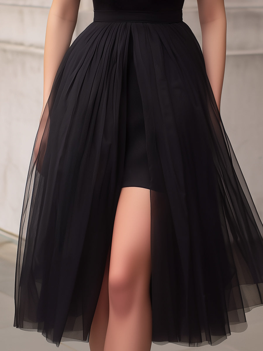 Black Off-Shoulder Sheer Illusion Tulle Midi Dress