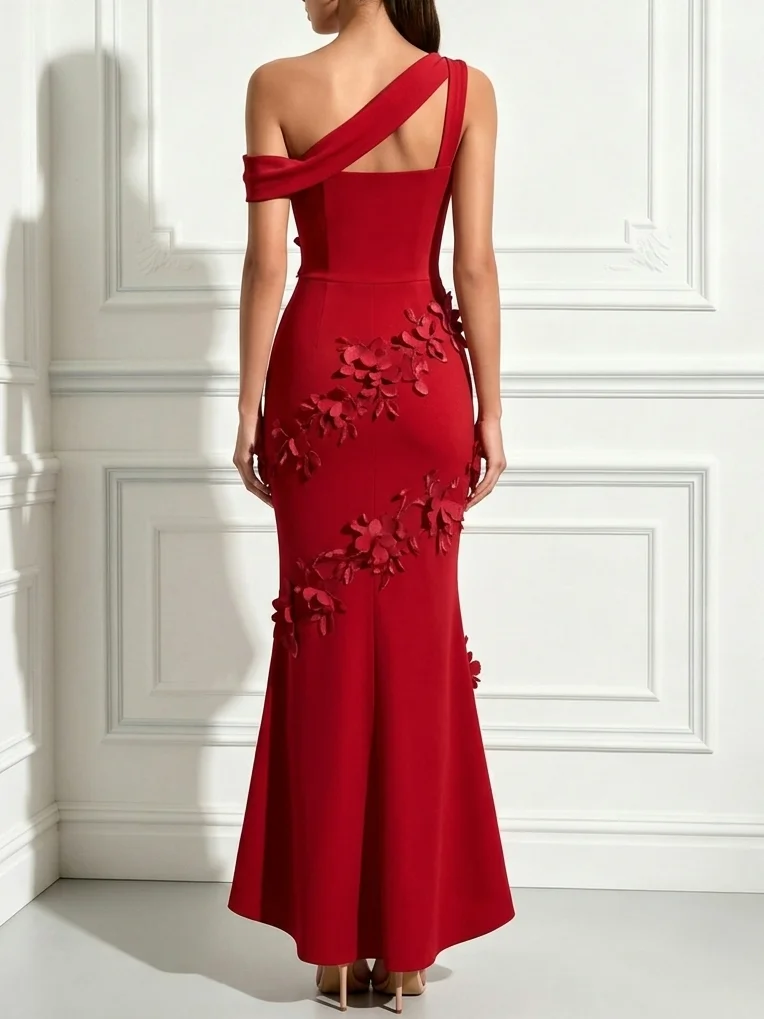 Red 3D Floral Classic One Shoulder Sleeveless Mermaid Maxi Dress