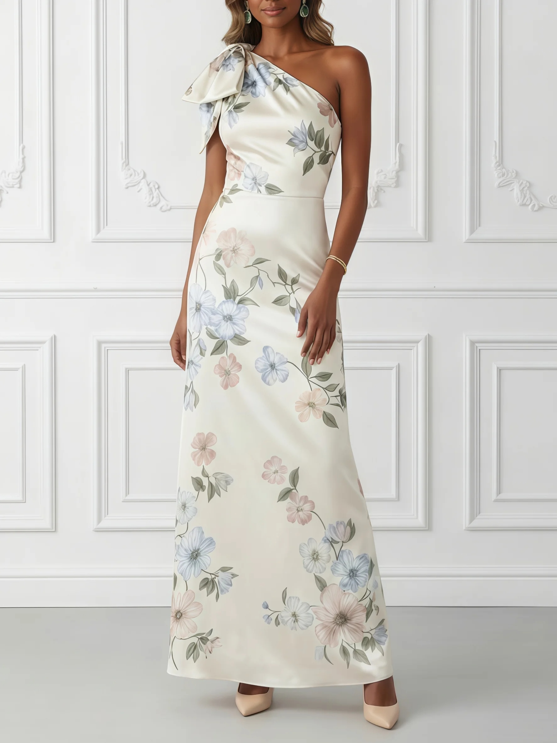 White Floral Bow Satin One Shoulder Sleeveless A-Line Maxi Dress