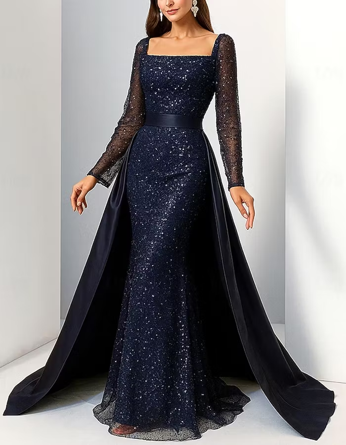 Navy Blue Sequined Square Neck Maxi Dress