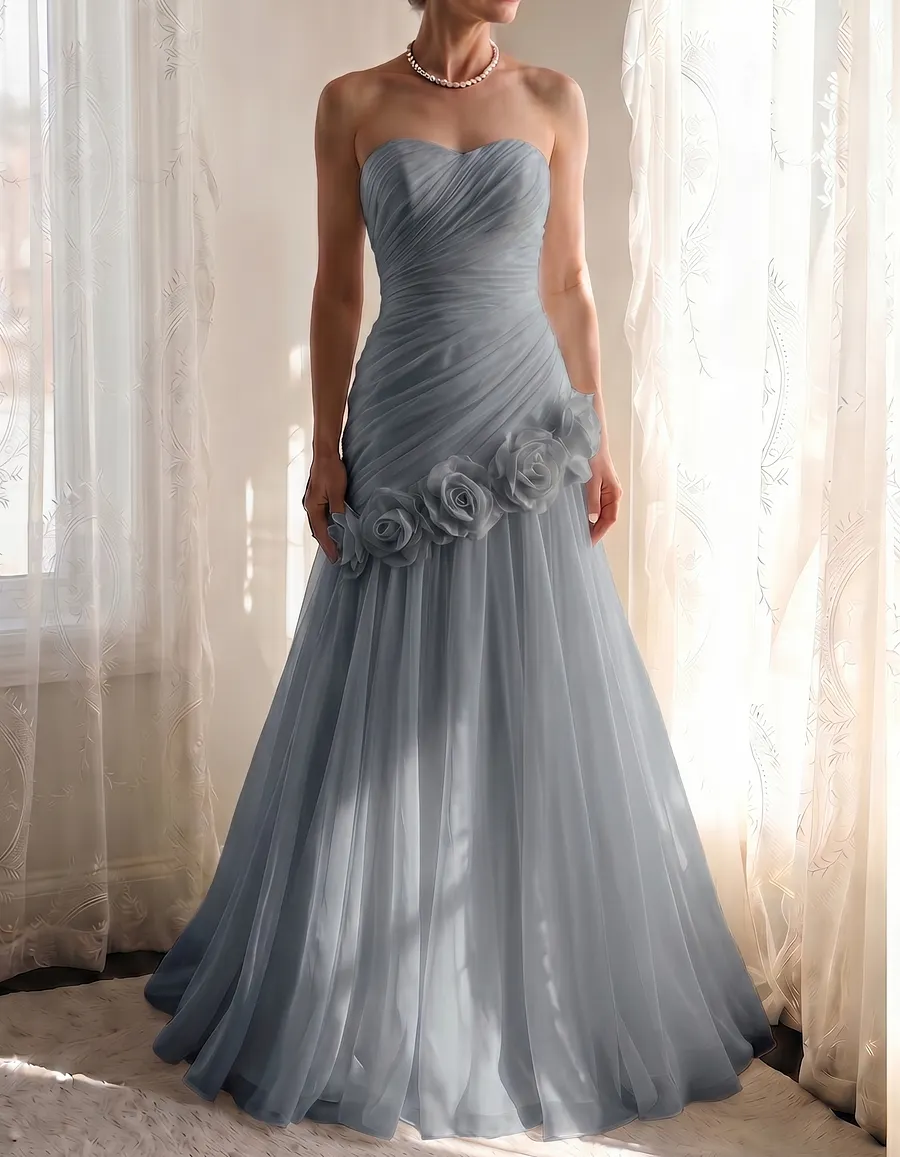 Chiffon Strapless Asymmetrical 3-Dimensional Rose Maxi Dress