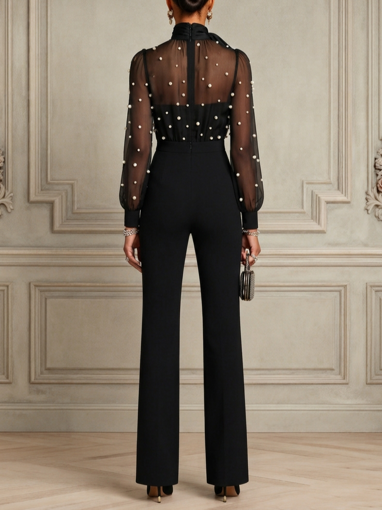 Women Black Faux Pearl Bow Mock Neck Long Sleeve Balloon Sleeve Elegant Jumpsuit