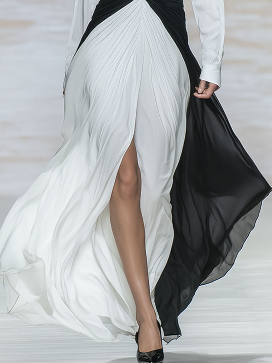 V-neck Color-block Chiffon Patchwork Long-sleeved Maxi Dress