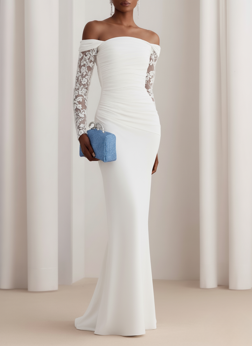 Pink Lace Classic Off The Shoulder Long Sleeve Sheath Gown Dress