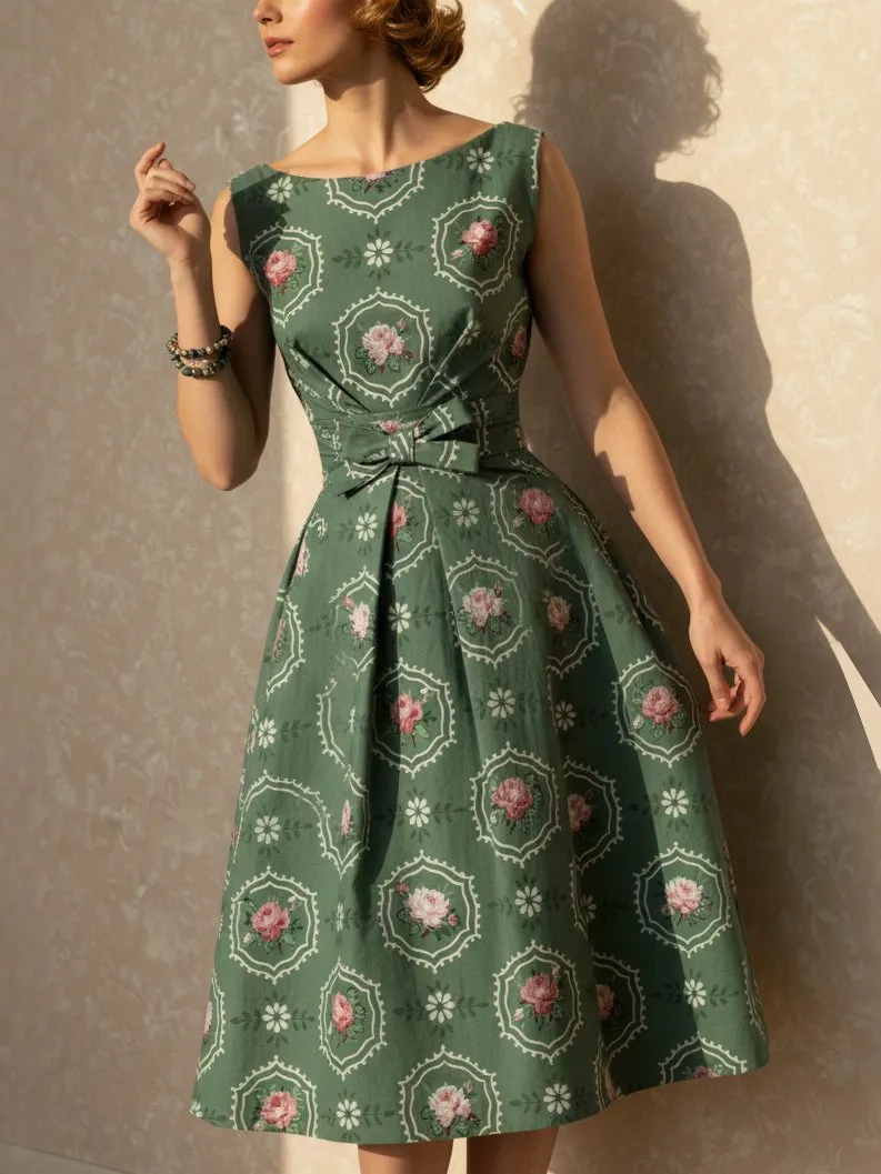 Midi Linen Dress, Sleeveless, Round Neck, Floral, Bow, Vintage, Green