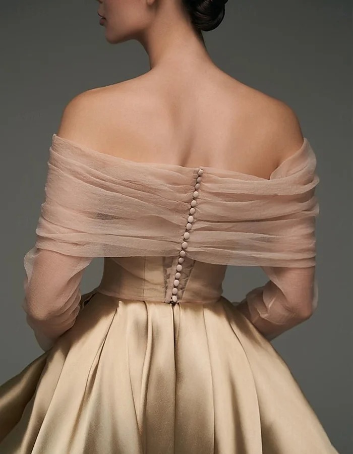 Champagne A-line Satin Removable Mesh Shawl Midi Dress