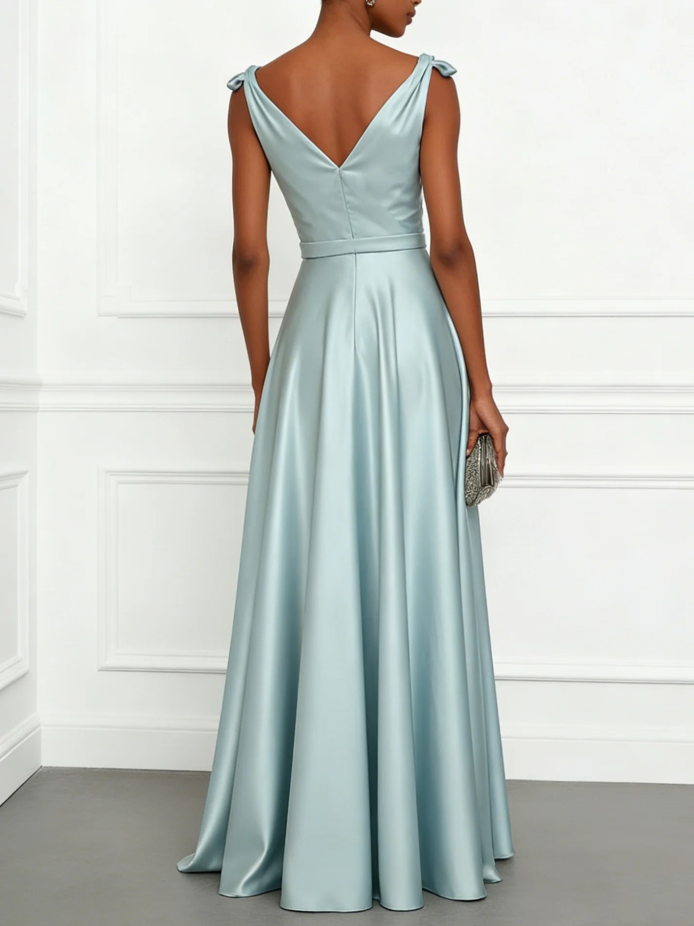 Aqua blue Bow Ruched Satin V Neck Sleeveless A-Line Floor-length Gown Dress