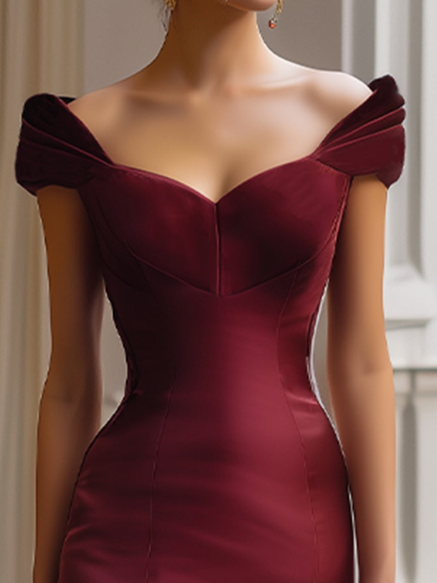 Burgundy Elegant Off-Shoulder Lace-Up Back Mermaid Evening Gown