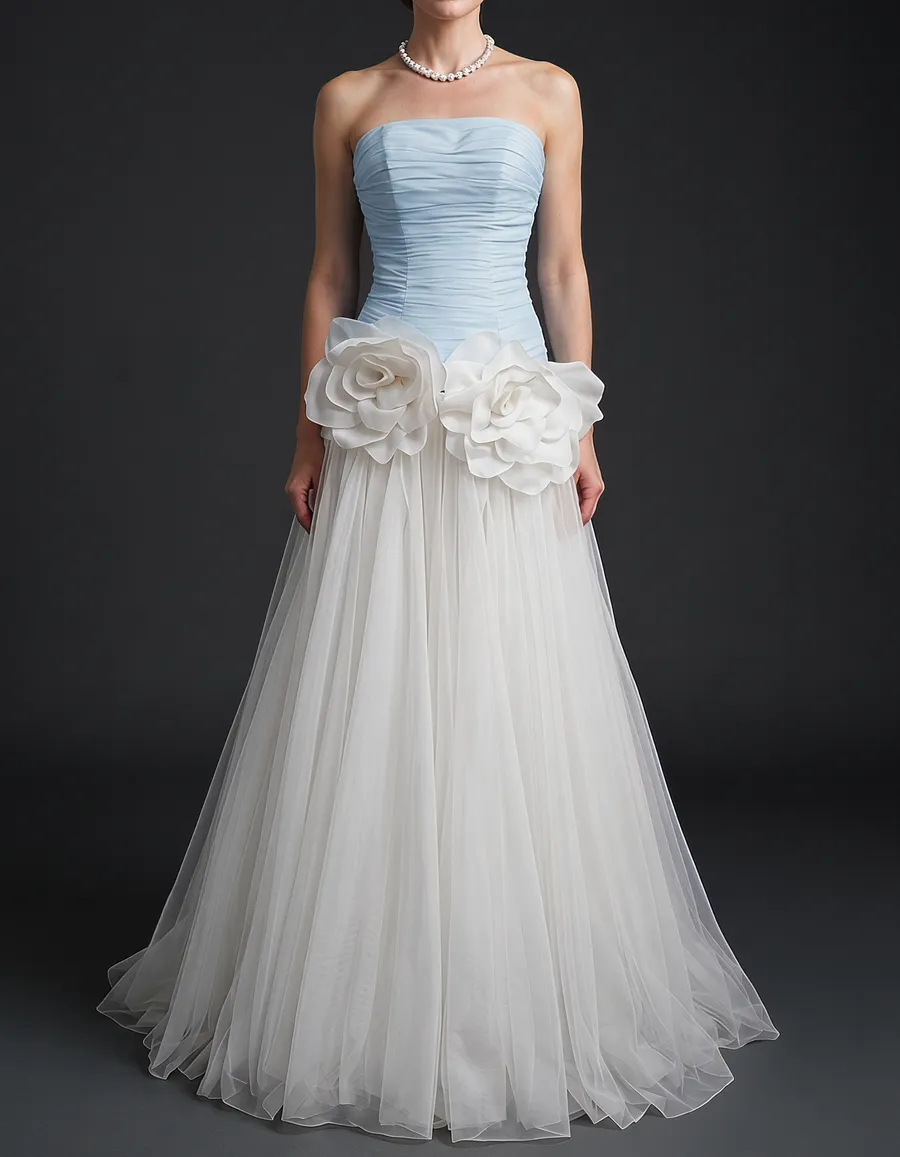Chiffon Strapless Mesh 3D Floral Cinched Waist Maxi Dress